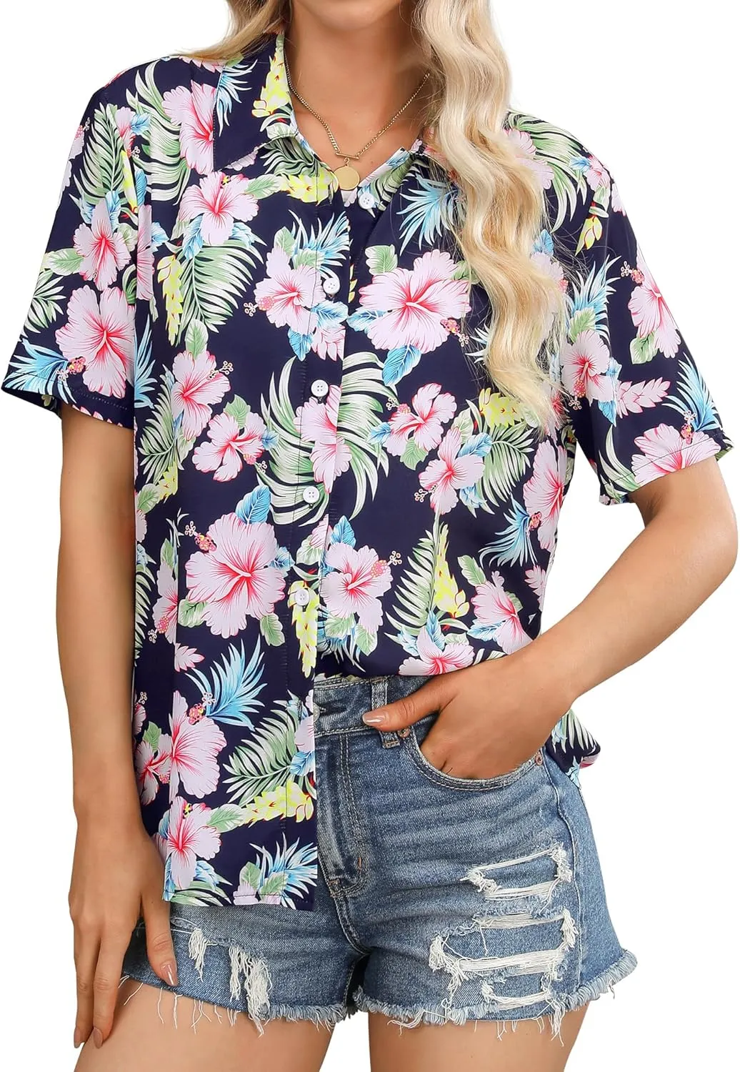 ZXZY Women Summer Hawaii Shirts Soft Cool Floral Tropic Print Short Sleeve Button Up Tops T-Shirt