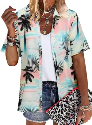 ZXZY Women Summer Hawaii Shirts Soft Cool Floral Tropic Print Short Sleeve Button Up Tops T-Shirt