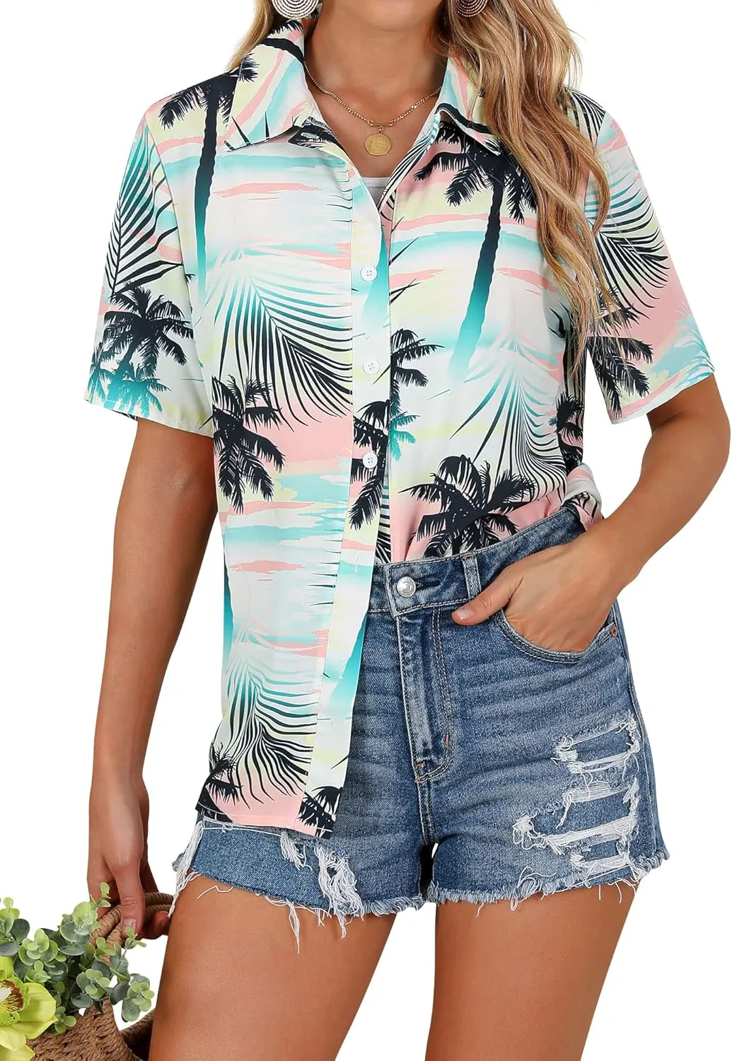 ZXZY Women Summer Hawaii Shirts Soft Cool Floral Tropic Print Short Sleeve Button Up Tops T-Shirt