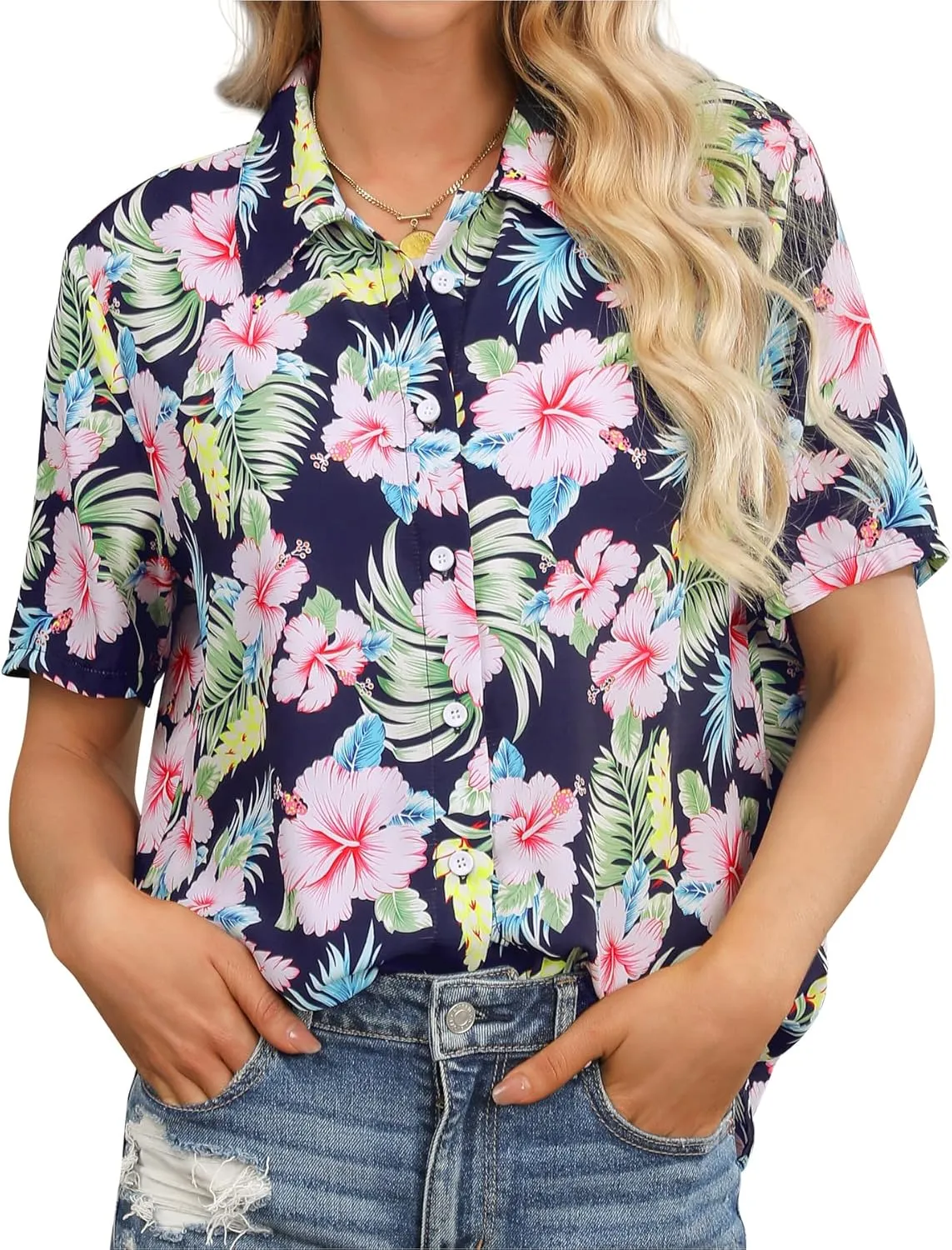 ZXZY Women Summer Hawaii Shirts Soft Cool Floral Tropic Print Short Sleeve Button Up Tops T-Shirt