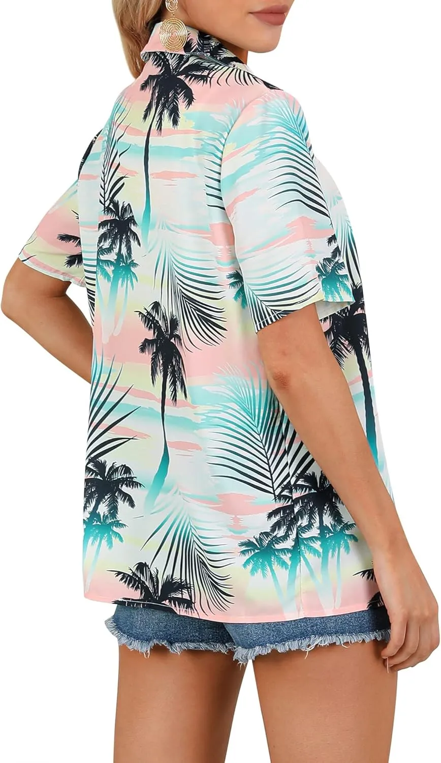 ZXZY Women Summer Hawaii Shirts Soft Cool Floral Tropic Print Short Sleeve Button Up Tops T-Shirt