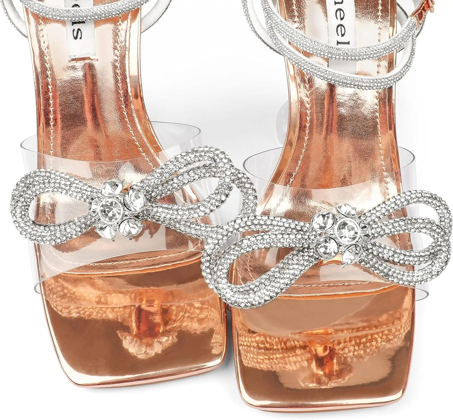 Zzheels Double Bowknots Crystal Sandals Clear Slingback Heels Square Toe Shoes for Party Wedding