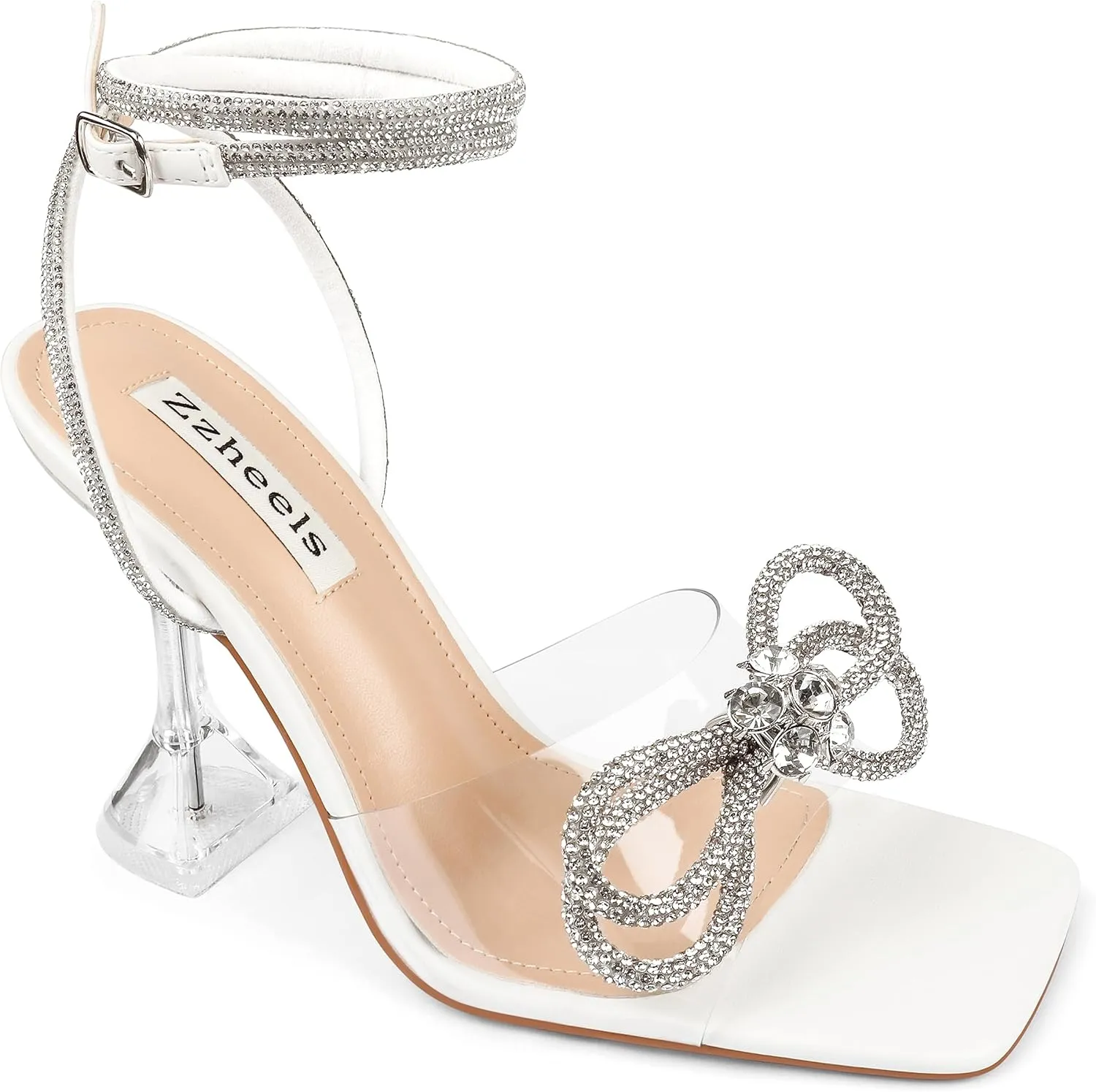 Zzheels Double Bowknots Crystal Sandals Clear Slingback Heels Square Toe Shoes for Party Wedding