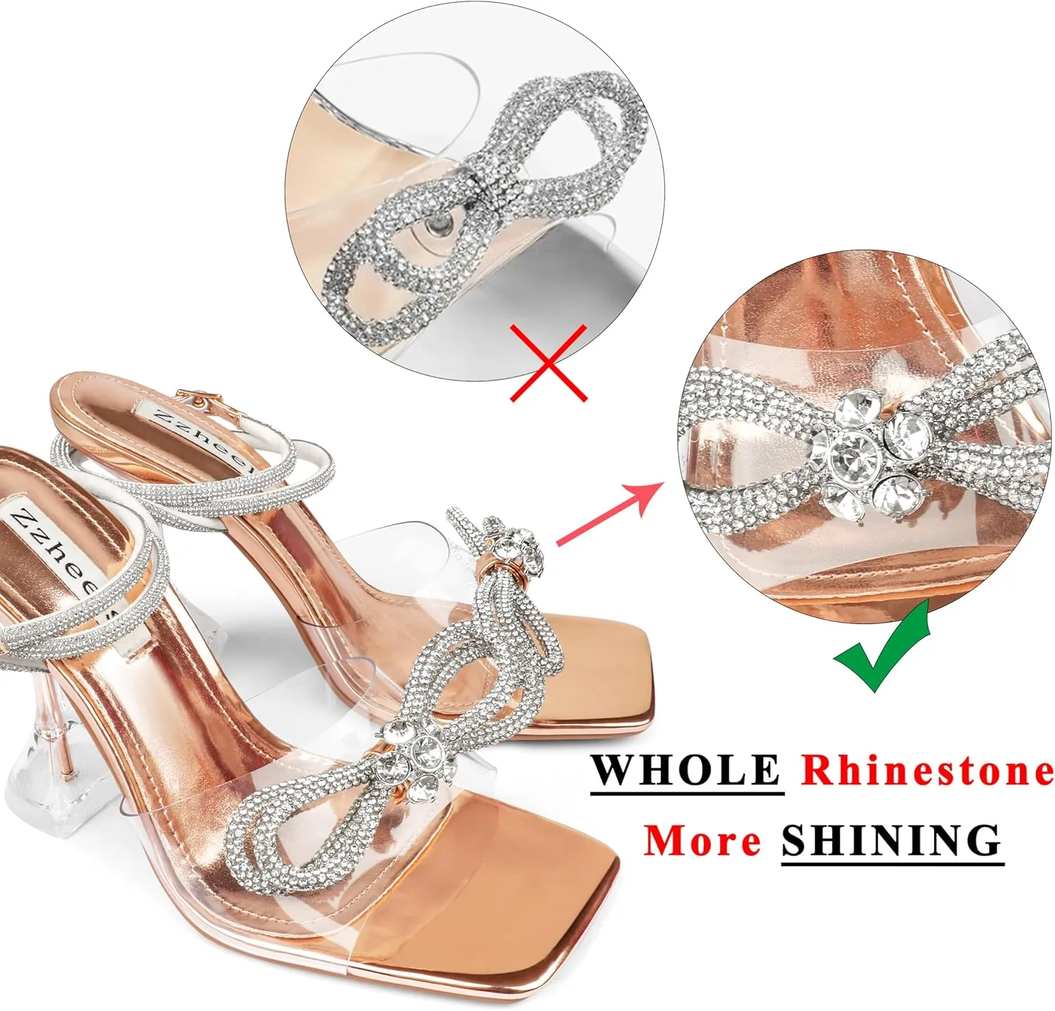 Zzheels Double Bowknots Crystal Sandals Clear Slingback Heels Square Toe Shoes for Party Wedding